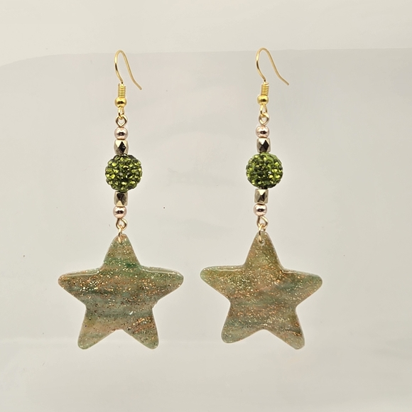 Erins Lovely Creations Jewelry - #B165  Gold and Green Star Drop Earrings